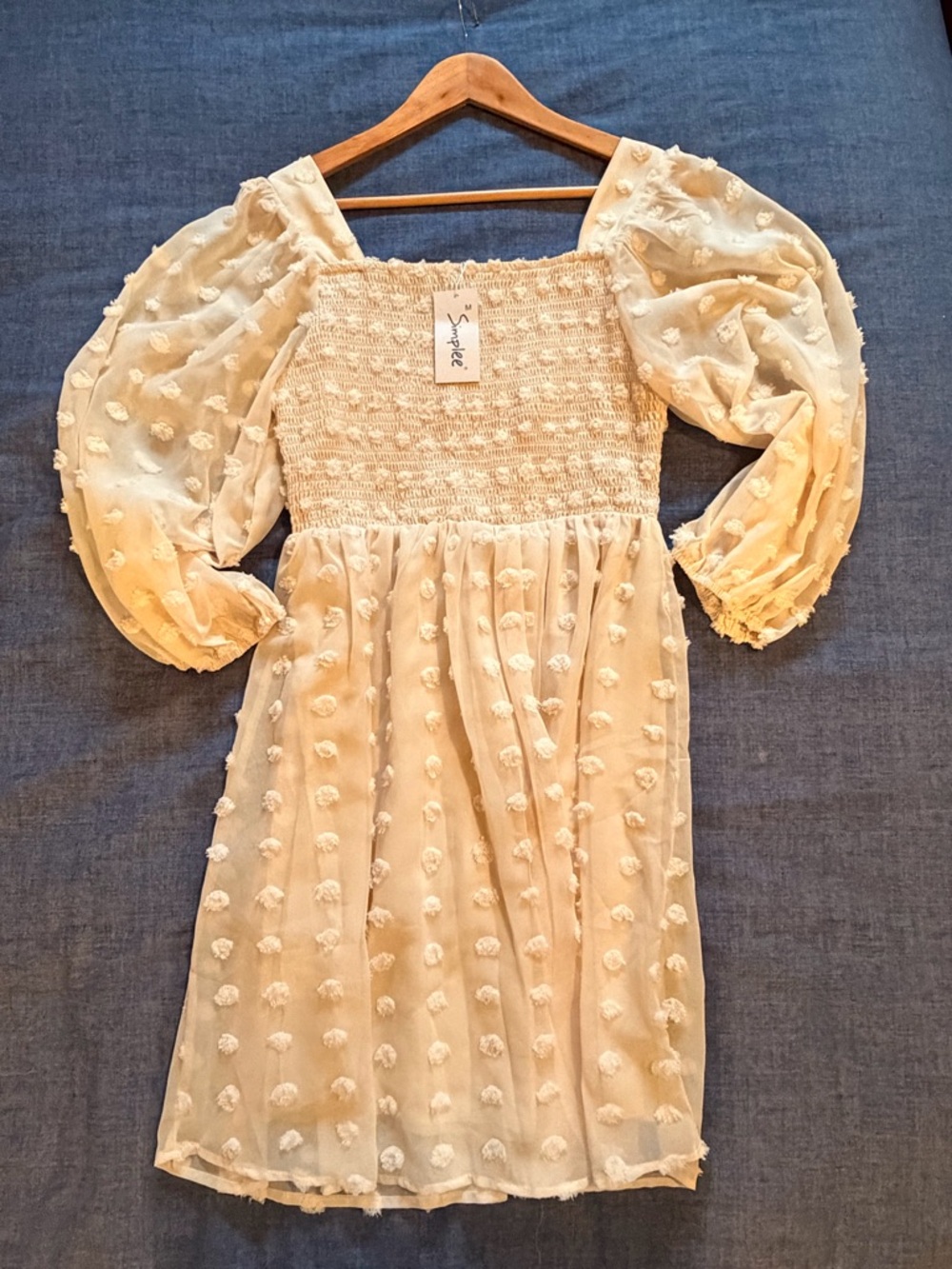 Simplee Apparel Cream Long Sleeve Swiss Dot Smocked Dress